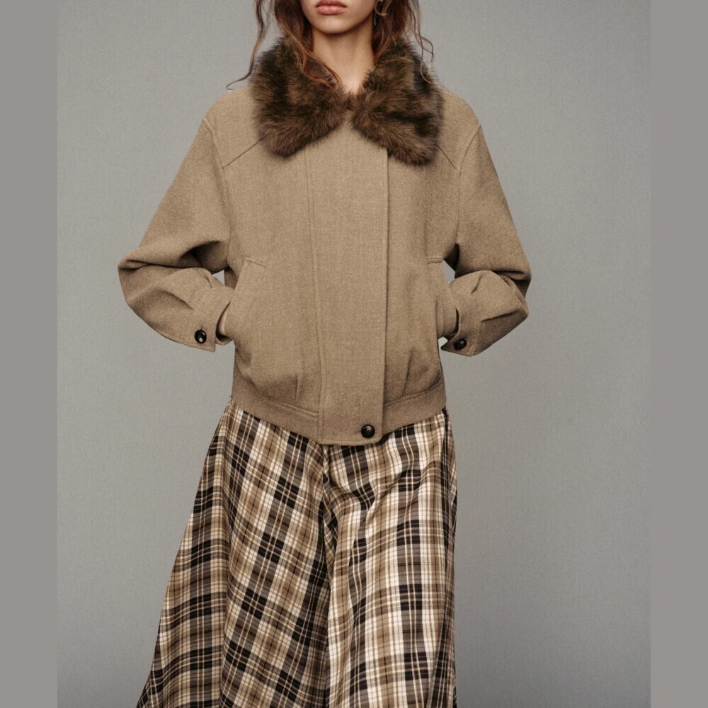 Tan Faux Fur Collar Short Bomber Harrington Jacket